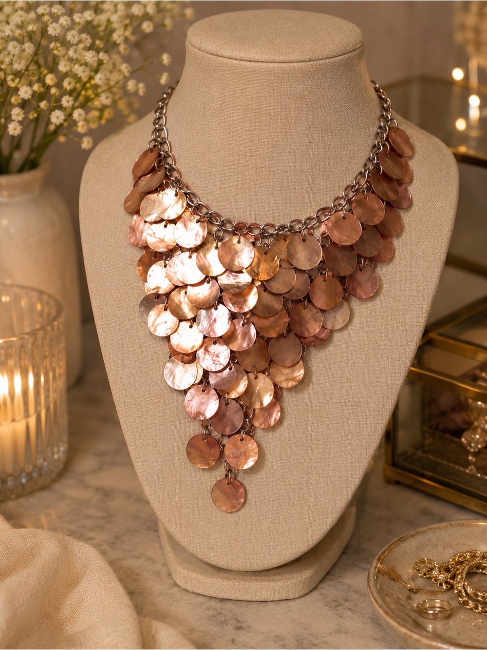 Gold Bronze Cascading Statement Necklace | Layered Disc Bib Collar | Adjustable